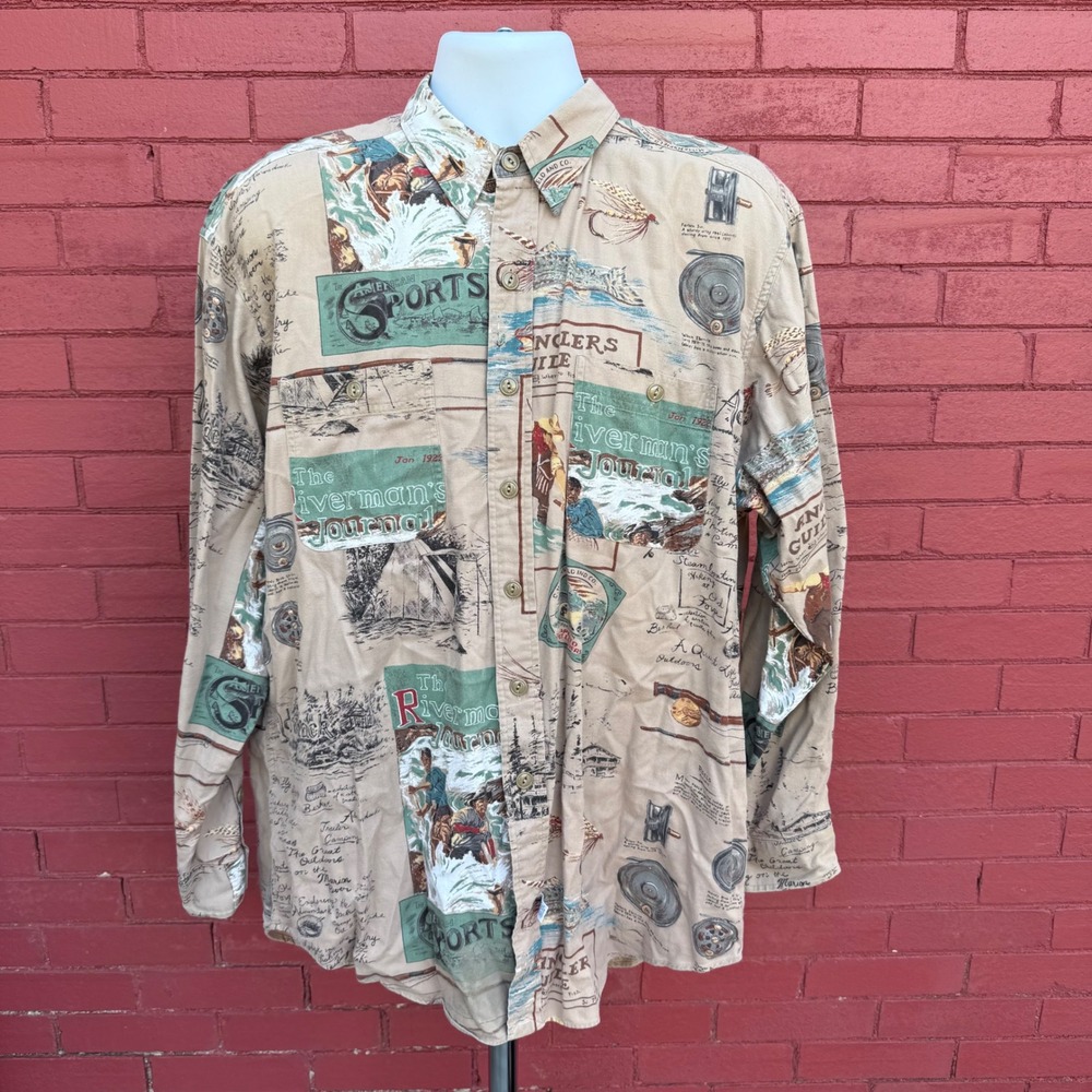 Vintage 90s‎ Polo Ralph Lauren Fishing Print Button Down AOP Shirt Mens Large